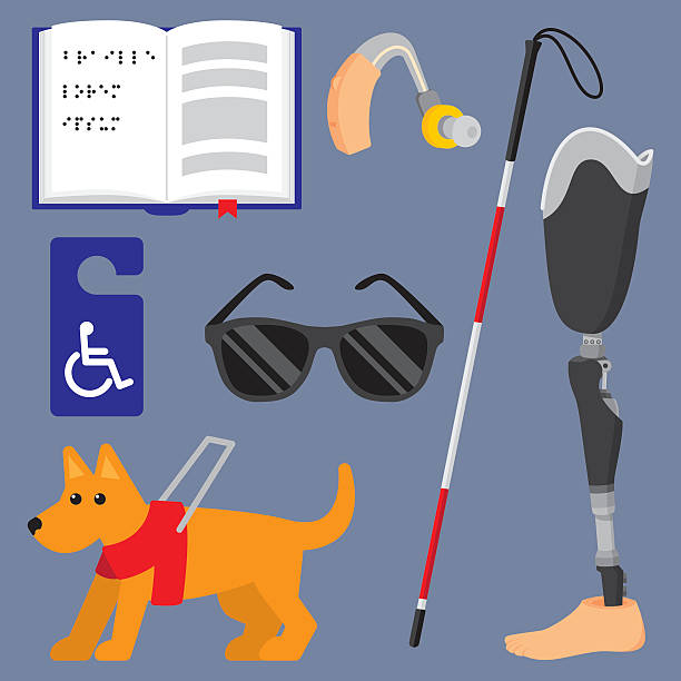 Disability Items Flat Set Vector illustration of a set of disability related items in flat style. Includes brail book, artificial leg, sunglasses, walking cane, service dog, hearing aid, and handicap  pass. hearing aids stock illustrations