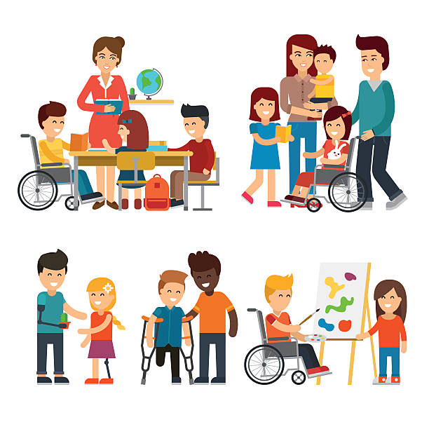 Disability person vector flat illustration Disability person vector flat illustration. Young disabled people and friends help them,  special needs children with friends, handicapped children isolated on white background, kids with prosthesis. family clipart stock illustrations