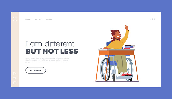 Disability School Landing Page Template. Disabled Handicapped Girl Character in Wheelchair Sit in Classroom Raising Hand