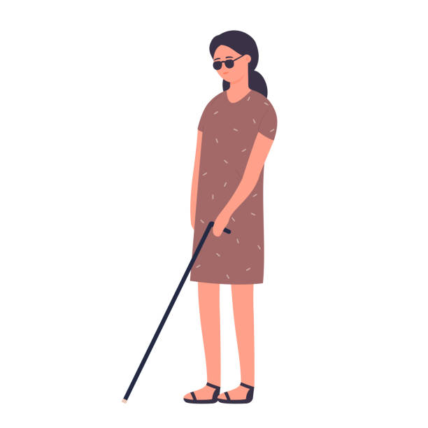 Disabled blind girl with walking probing stick vector art illustration