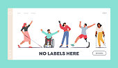 istock Disabled Characters Landing Page Template. Blind Woman with Cane, Man in Wheelchair, Woman with Hand Prosthesis 1324638878