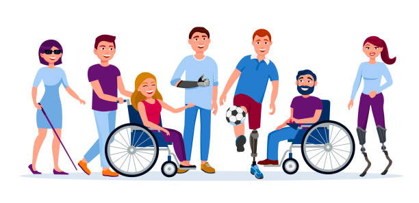 ilustrações, clipart, desenhos animados e ícones de pessoas com deficiência com deficiência e a prótese, a mulher cega, pessoas em cadeiras de rodas, próteses de execução high-tech, mão protética vector ilustração plana. homens e mulheres com incapacidade - pcd