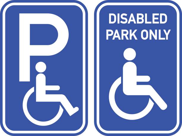 Disabled Sign Vector disabled wheelchair traffic sign on blue. ISA stock illustrations