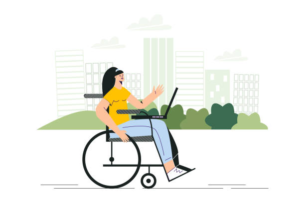 ilustrações de stock, clip art, desenhos animados e ícones de disabled woman in wheelchair working outside with laptop. banner of work for people with  special needs. disability in daily life concept. young disabled female character flat vector illustration - wheelchair street happy