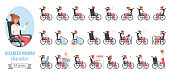 Disabled woman poses vector illustration set. Cartoon disable girl character with disability health problem sitting in wheelchair in various poses and gestures, front, side or back view isolated
