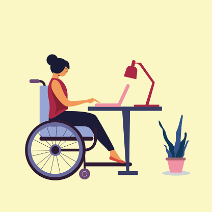 Disabled Young Woman In Wheelchair Working In The Office. Disabled woman working, teleconference with laptop.