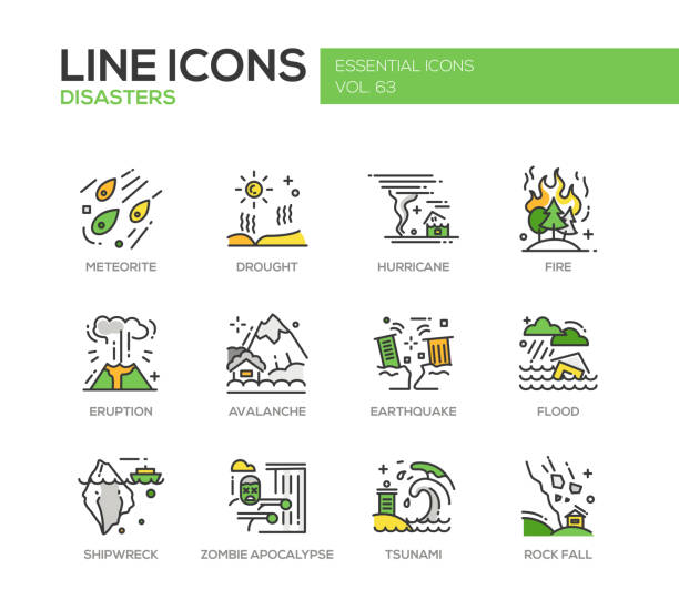 illustrazioni stock, clip art, cartoni animati e icone di tendenza di disastri - set di icone di progettazione delle linee - siccità