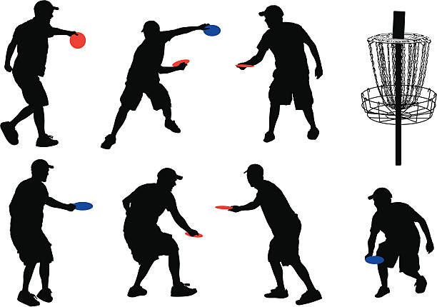 Disc Golf Silhouettes A young man plays disc golf, showing various poses in silhouette format.  Basket goal included.  Silhouettes each grouped separately. frisbee stock illustrations