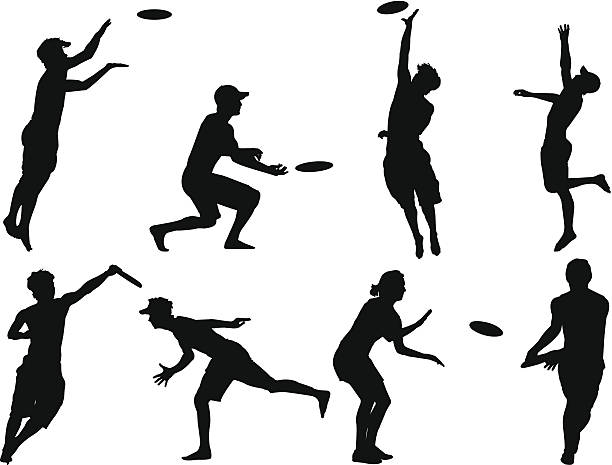 Disc Toss Disc toss silhouettes.  This file is layered and grouped, ready for editing. frisbee stock illustrations