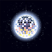 Disco ball as Christmas ball with sparkles on a dark background.