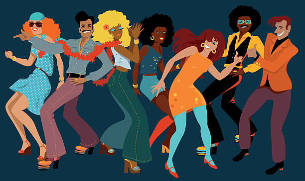 Disco Club People dressed in 1970s fashion dancing disco in a nightclub, EPS 8 vector illustration, no transparencies girls in very short dresses stock illustrations