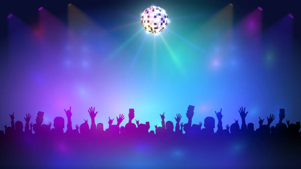 Disco club with a crowd Night club with a crowd and disco ball, music event and dance poster silhouettes stock illustrations