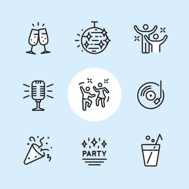 Disco Dancing - outline icon set Disco Dancing and Party / 9 Outline style Pixel Perfect icons / Set #34

First row of outline icons contains: 
Cheers! (champagne glasses), Disco ball, Party people;

Second row contains: 
Microphone (karaoke), Dancing icon, Disco Party icon;

Third row contains:
Party Popper (Confetti icon), Party label, Drinks.


Pixel Perfect Principle - all the icons are designed in 64x64px grid, outline stroke 2px. Complete "Outline 3x3 Blue" collection - https://www.istockphoto.com/collaboration/boards/eKCvfOhp3E-XZOE0AIzWqg dancing symbols stock illustrations