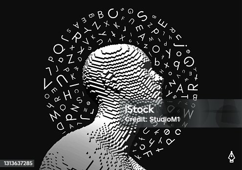 istock Discovery, studying and learning concept. Brain training. Development of thinking abilities. Halo of letters in chaotic order above the man's head. Vector illustration for education. 1313637285