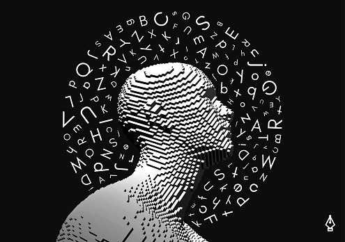 Discovery, studying and learning concept. Brain training. Development of thinking abilities. Halo of letters in chaotic order above the man's head. Vector illustration for education.