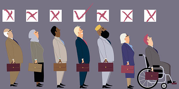 Discrimination at job interview Line of diverse candidates for a job with a check boxes above their heads as a metaphor for  a discrimination during an employment interview, EPS 8 vector illustration racism stock illustrations