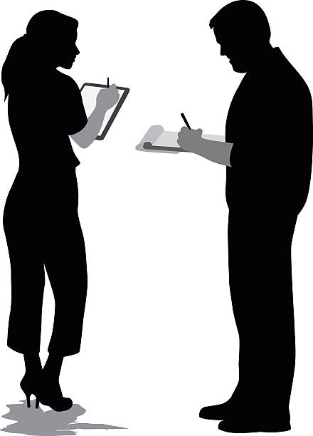 Discussing Ideas A vector silhouette illustration of  man and woman facing eachother and writing on clipboards. writing activity silhouettes stock illustrations