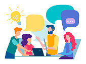 Discussion and communication in the office, teamwork, brainstorming. Vector illustration.
