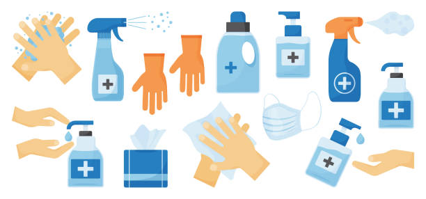 Disinfection. Hand hygiene. Set of hand sanitizer bottles, face medical mask, washing gel, spray, wet wipes, liquid soap, rubber gloves, napkins. Vector Disinfection. Hand hygiene. Set of hand sanitizer bottles, face medical mask, washing gel, spray, wet wipes, liquid soap, rubber gloves, napkins. Vector illustration cleaning product stock illustrations