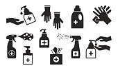 istock Disinfection. Hand hygiene. Set of hand sanitizer bottles, washing gel, spray, wet wipes, liquid soap, rubber gloves, napkins. Black icons. Vector 1212816738