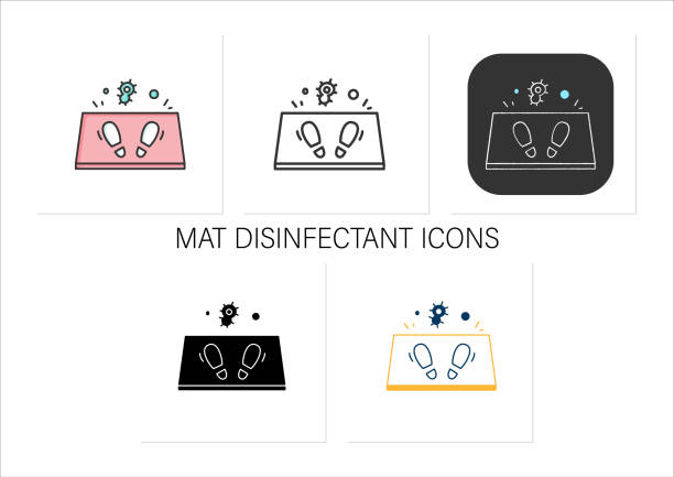 Disinfection mat icons set Disinfection mat icons set.Antibacterial entrance foot bath.Covid pandemic prevention measure,shoe disinfectant.Collection of icons in linear, filled, color styles.Isolated vector illustrations bathroom door signs drawing stock illustrations