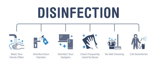 Disinfection tips poster with flat icons. Vector illustration included icon as washing hands, disinfect doorhandle with sanitizer spray, wet cleaning. Medical infographics for virus prevention Disinfection tips poster with flat icons. Vector illustration included icon as washing hands, disinfect door handle with sanitizer spray, wet cleaning. Medical infographics for virus prevention. clean stock illustrations
