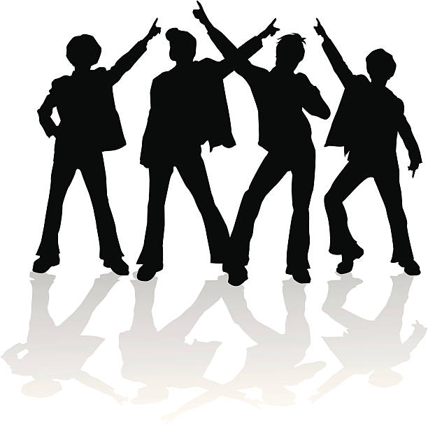 disk! Four male silhouettes of figures from the 70's in classic disco positions... kinda like a 70's disco boy band with four John Travoltas. dancing silhouettes stock illustrations