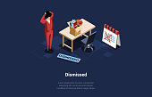 istock Dismissed Concept Illustration. Isometric Vector Composition In Cartoon 3D Style. Shocked Character Standing, Fear Of Being Fired. Office Worker In Suit, Workplace With Things, Calendar, Infographics 1365628918