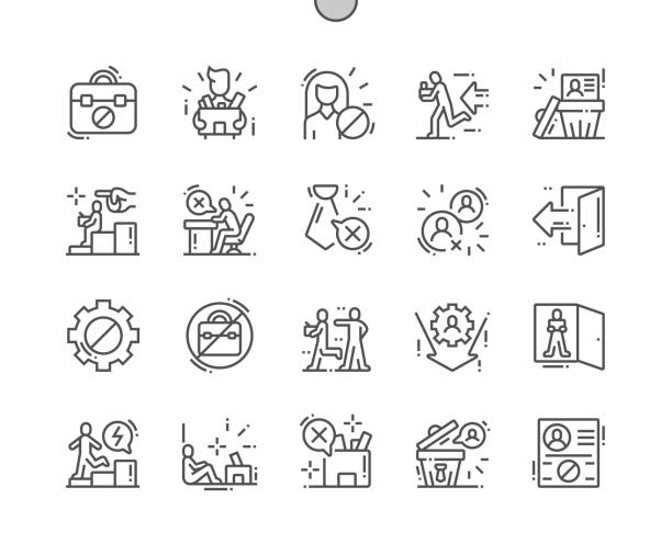 Dismssal Well-crafted Pixel Perfect Vector Thin Line Icons 30 2x Grid for Web Graphics and Apps. Simple Minimal Pictogram Dismssal Well-crafted Pixel Perfect Vector Thin Line Icons 30 2x Grid for Web Graphics and Apps. Simple Minimal Pictogram downsizing unemployment stock illustrations