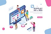 Coding people team work together. Seo optimization for target searching process. Pay click social content development tool. Flat Isometric characters vector illustration. Display campaign.