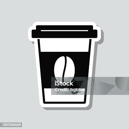 istock Disposable cup of coffee. Icon sticker on gray background 1307616400