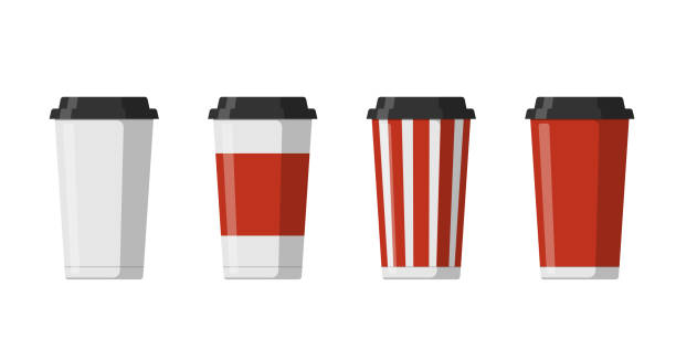Disposable paper beverage cup templates set for coffee, mocha, latte or cappuccino with black lid. Blank white, big red, striped cardboard soft drinks packaging collection vector flat illustration Disposable paper beverage cup templates set for coffee, mocha, latte or cappuccino with black lid. Blank white, big red, striped cardboard soft drinks packaging collection vector eps flat illustration coffee cup stock illustrations