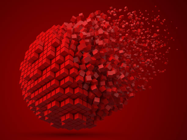 illustrazioni stock, clip art, cartoni animati e icone di tendenza di dissolvendo il blocco di dati sferici. fatto con cubi rossi. illustrazione vettoriale in stile pixel 3d. - sphere flying