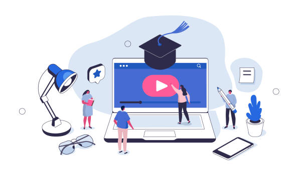 distance learning Students Learning Online at Home. People Characters Watching Educational Video on Laptop and Studying in Internet. Online Education Concept. Flat Isometric Vector  Illustration. education building stock illustrations