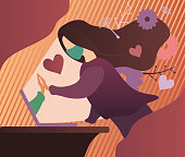 Distance love because of quarantine covid-19 coronavirus. Web love self isolation. Flat vector illustration. Online chat. Online conference