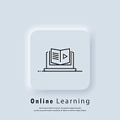 Distant education, e-books icon.Online education or distance exam banner. Course e-learning from home, online studying. Vector. UI icon. Neumorphic UI UX white user interface web button. Neumorphism
