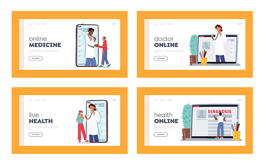 Distant Online Medicine Consultation Landing Page Template Set. Doctors Communicating with Sick Patients through Computer and Mobile Phone Screen from Hospital Cabinet. Cartoon Vector Illustration