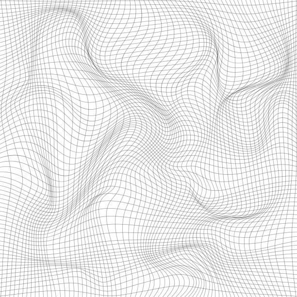 Distorted wave monochrome texture. Distorted wave monochrome texture. Abstract dynamical rippled surface. Vector stripe  deformation background. Mesh, grid pattern of lines. Black and white illustration. distorted image stock illustrations