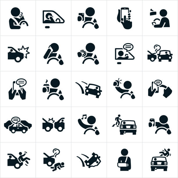 Distracted Driving Icons A set of icons representing distracted driving. The icons include distracted drivers eating, drinking coffee, texting, talking on the phone, using mobile devices, listening to music, drinking alcohol, and taking selfies while driving. The set of icons also include car crashes associated with distracted driving as well as pedestrians being hit by their cars. teen driving stock illustrations