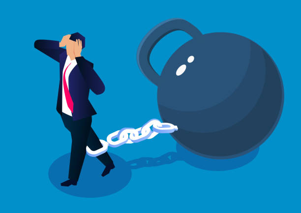 Distressed businessman tied with iron chain drags huge iron ball to walk Distressed businessman tied with iron chain drags huge iron ball to walk debt stock illustrations