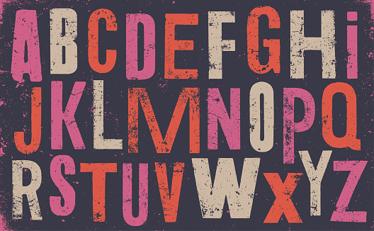 Vector distressed old uppercase alphabet. Color weathered letters on dark background.