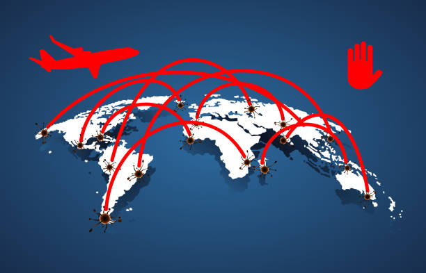 Distribution of Covid-19 corona virus .white  world map, Airplane line path  of air plane Distribution of Covid-19 corona virus vector illustration.white  world map, Airplane line path vector icon of air plane flight route with red  line on blue background. . airplane borders stock illustrations