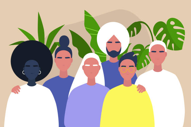 아프리카, 코카서스, 인도, 우정 및 지원 - 젊은 사람들의 다양한 커뮤니티 - 관대함 일러스트 stock illustrations