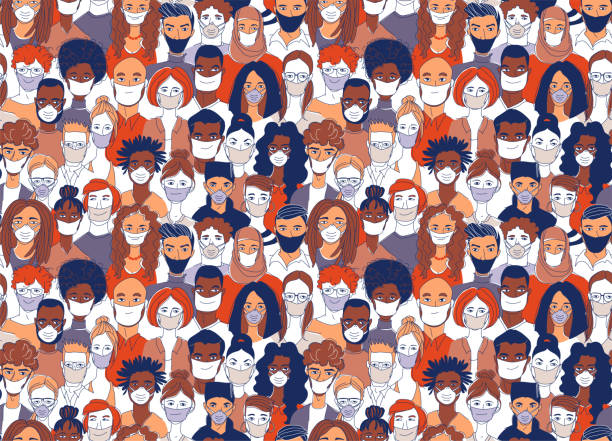 ilustraciones, imágenes clip art, dibujos animados e iconos de stock de diversas personas del grupo de multitudes que llevan máscaras médicas protecn la epidemia de coronavirus. - covid variant