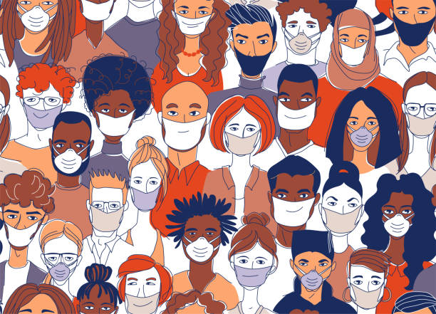 의료용 마스크를 착용한 다양한 군중 그룹 사람들이 코로나바이러스 전염병을 보호하고 있다. - covid variant stock illustrations
