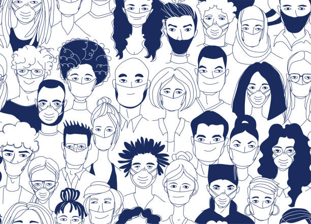 zróżnicowana grupa ludzi noszących maski medyczne chroni epidemię koronawirusa. - covid variant stock illustrations