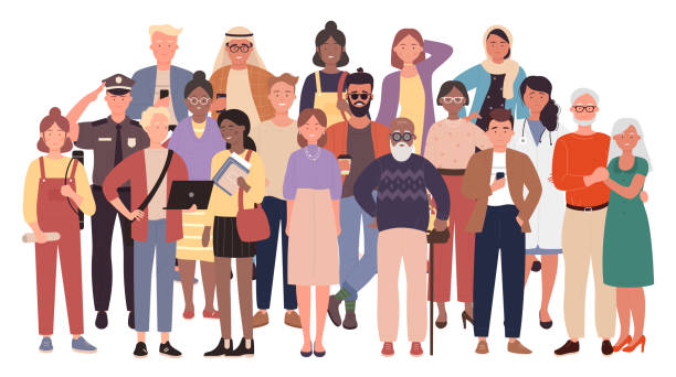 Diverse crowd, multiracial multicultural people group, old young men and women, children vector art illustration