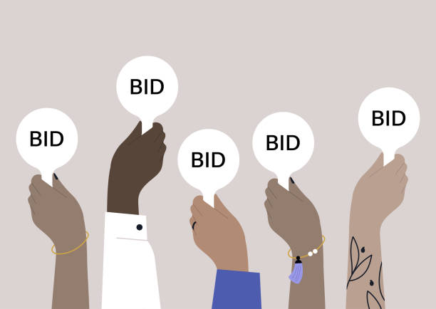 a diverse group of bidders holding auction paddles - nft stock illustrations