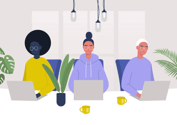 A diverse group of characters working together in the office, millennials at work A diverse group of characters working together in the office, millennials at work design professional stock illustrations