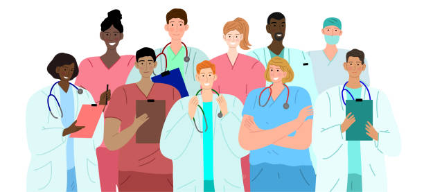 ilustrações de stock, clip art, desenhos animados e ícones de diverse group of doctors. friendly medical staff. - aluno dentista